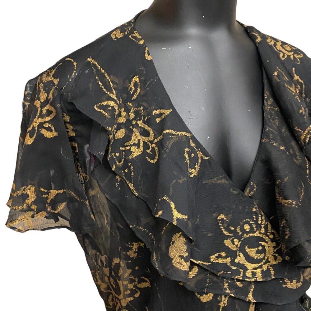 Lauren Ralph Lauren Black Chiffon Gold Floral Print Wrap Top Size 12 - Picture 3 of 7
